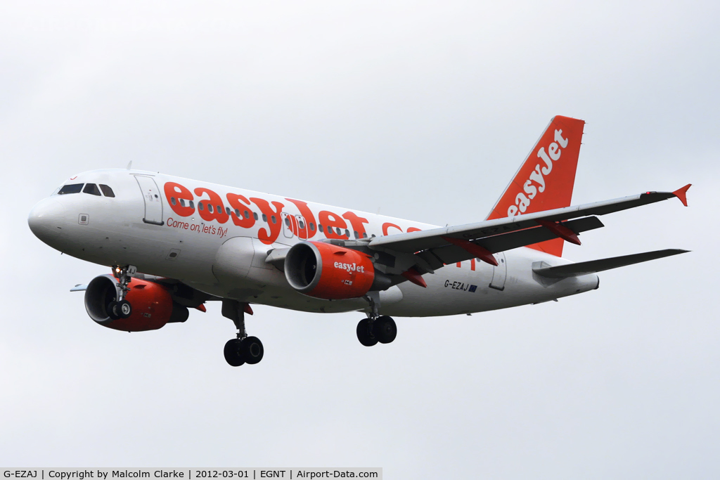 G-EZAJ, 2006 Airbus A319-111 C/N 2742, A319-111 on approach to Runway 25 at Newcastle Airport, March 2012.