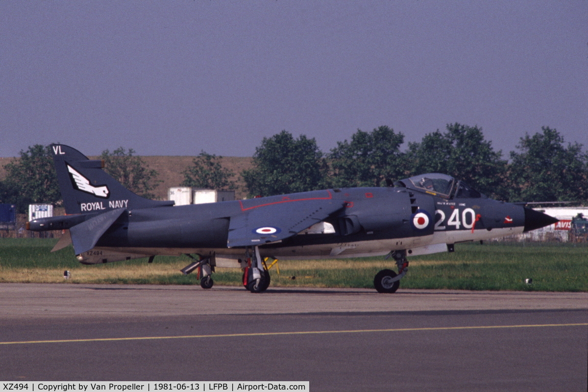 XZ494, 1980 British Aerospace Sea Harrier FRS.1 C/N 41H-912018, Sea Harrier FRS.Mk.1 fighter of the UK Fleet Air Arm shown at Le Bourget 1981