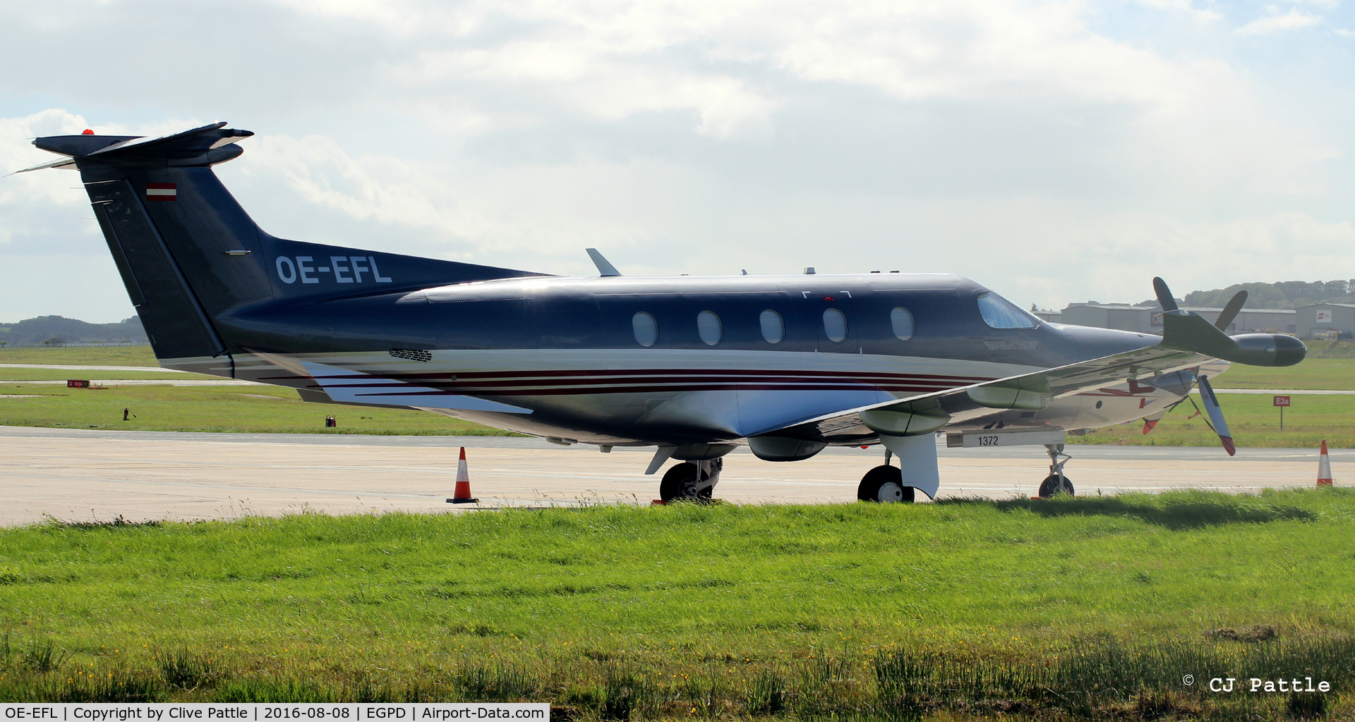 OE-EFL, 2012 Pilatus PC-12/47E C/N 1372, Parked up on south side apron at Aberdeen