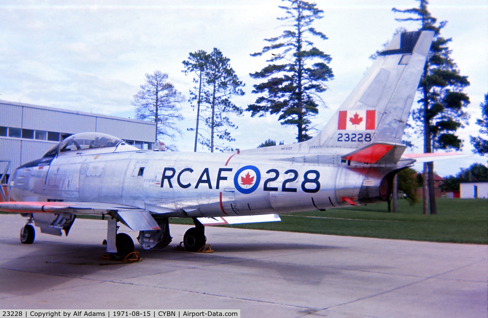 23228, Canadair CL-13A Sabre 5 C/N 1018, Sabre 23228 shown at Canadian Forces Base Borden, Ontario in August 1971 where it was being used as an instructional airframe.