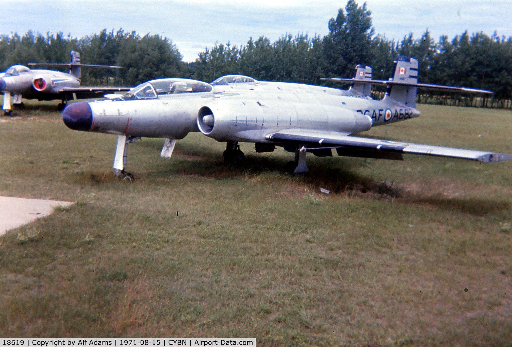 18619, Avro Canada CF-100 Mk.5 Canuck C/N 519, CF-100 18619 shown at Canadian Forces Base Borden, Ontario in Aug 1971 when it carried the tail number A682 and was awaiting use as an instructional airframe.