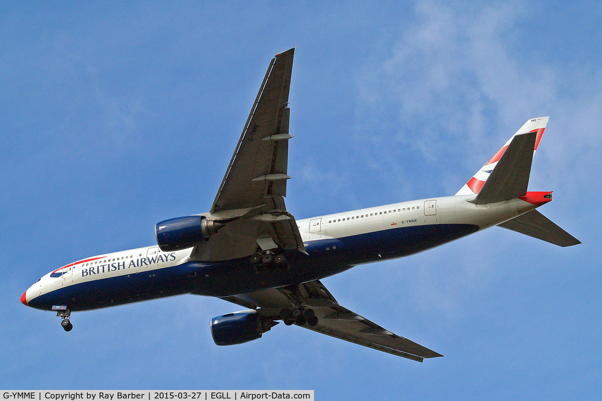 G-YMME, 2000 Boeing 777-236/ER C/N 30306, Boeing 777-236ER [30306] (British Airways) Home~G 27/03/2015. On approach 27R. Wearing red nose.