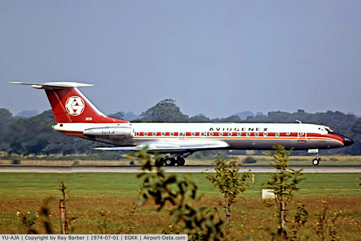 YU-AJA, 1971 Tupolev Tu-134A C/N 1351206, YU-AJA   Tupolev Tu-134A-3 [1351206] (Aviogenex) Gatwick~G @ 01/07/1974. From a slide.