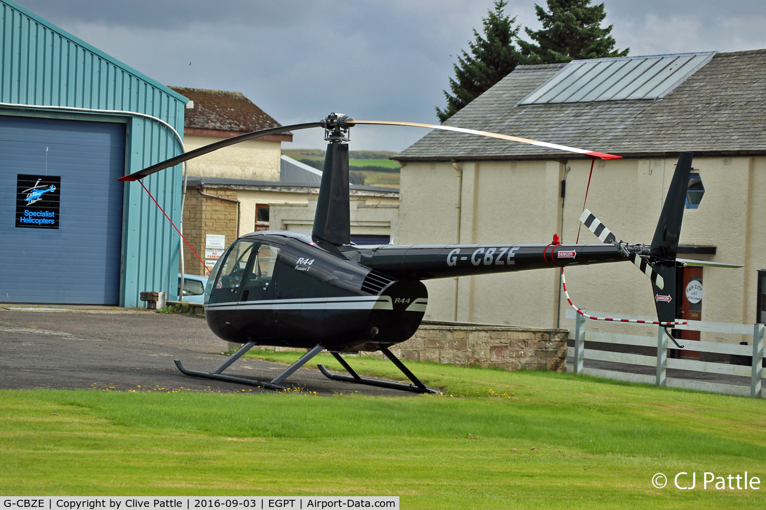G-CBZE, 2002 Robinson R44 Clipper C/N 1276, Parked up with Specialist Helicopters at Perth EGPT