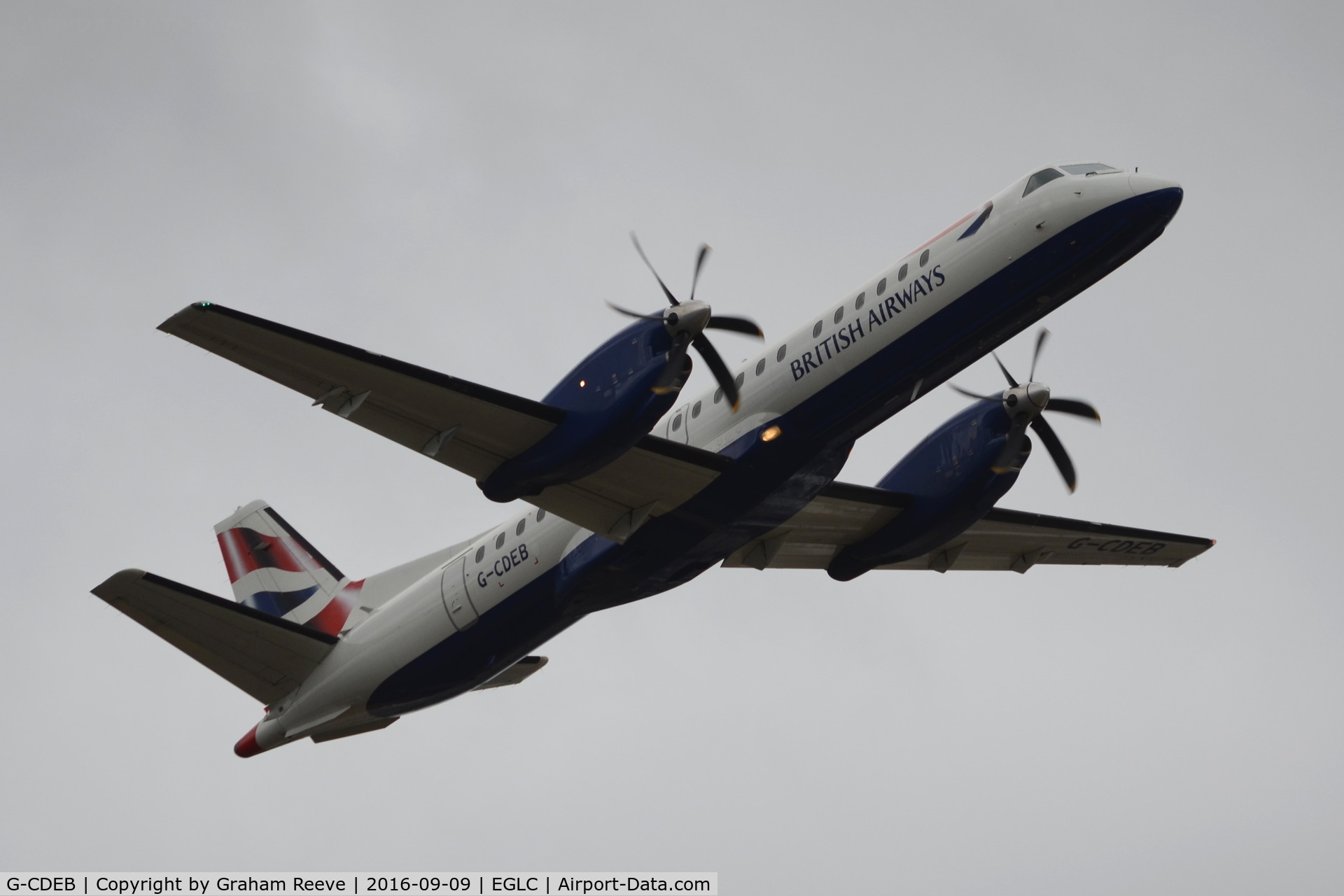 G-CDEB, 1996 Saab 2000 C/N 2000-036, Departing from London City.