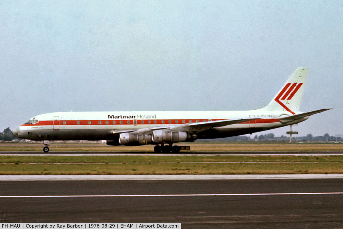 PH-MAU, 1966 Douglas DC-8F-55 C/N 45856, Douglas DC-8-55 [45856] (Martinair Holland) Amsterdam-Schiphol~PH 29/08/1976. From a slide.