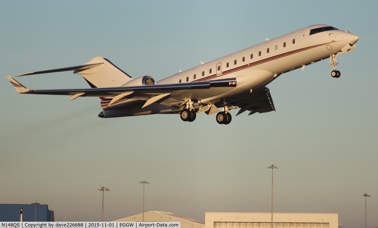 N148QS, 2014 Bombardier BD-700-1A10 Global 6000 C/N 9648, N148QS - early morning takeoff from London Luton