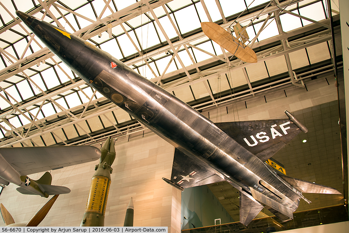 56-6670, 1956 North American X-15A C/N 240-1, First X-15 on display at the National Air and Space Museum. Just three of these aircraft were built, and only 12 pilots flew them including Neil Armstrong for a total of 199 flights from 1959-68.