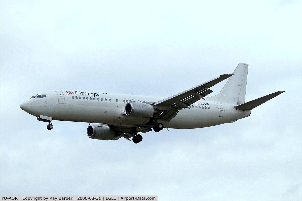 YU-AOR, 1989 Boeing 737-4B7 C/N 24550, Boeing 737-4B7 [24550] (JAT Airways) Heathrow~G 31/08/2006. On finals 27L.