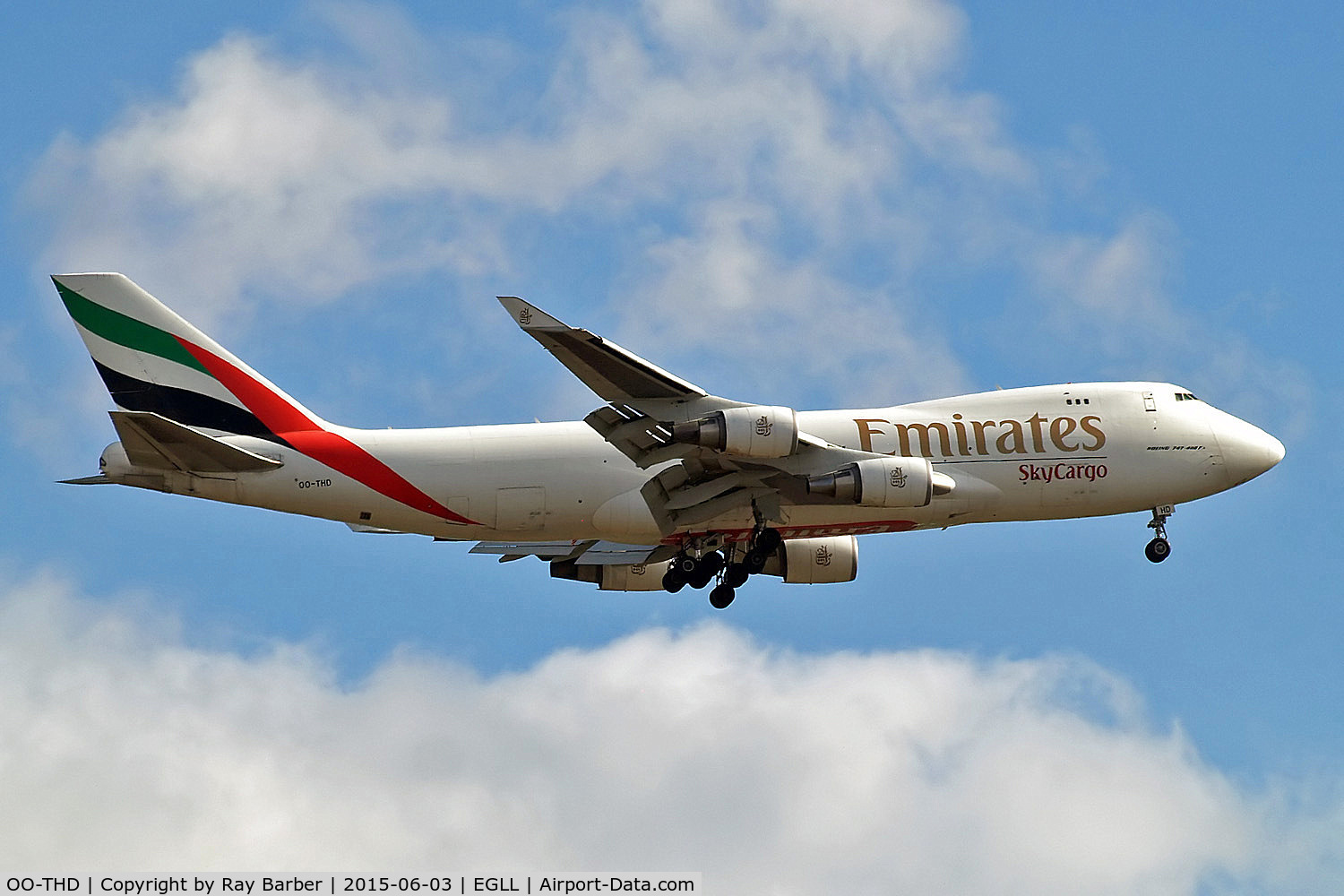 OO-THD, 2008 Boeing 747-4HAERF C/N 35236, Boeing 747-4HAERF [35236] (Emirates SkyCargo) Home~G 03/06/2015. On approach 27L.