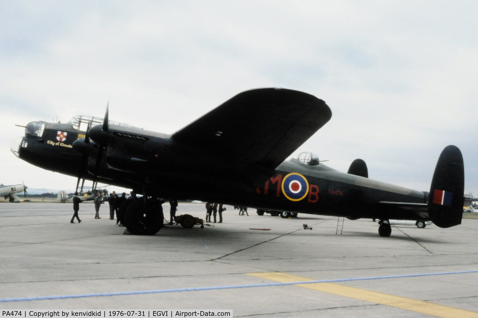 PA474, 1945 Avro 683 Lancaster B1 C/N VACH0052/D2973, At the 1976 International Air Tattoo Greenham Common, copied from slide.