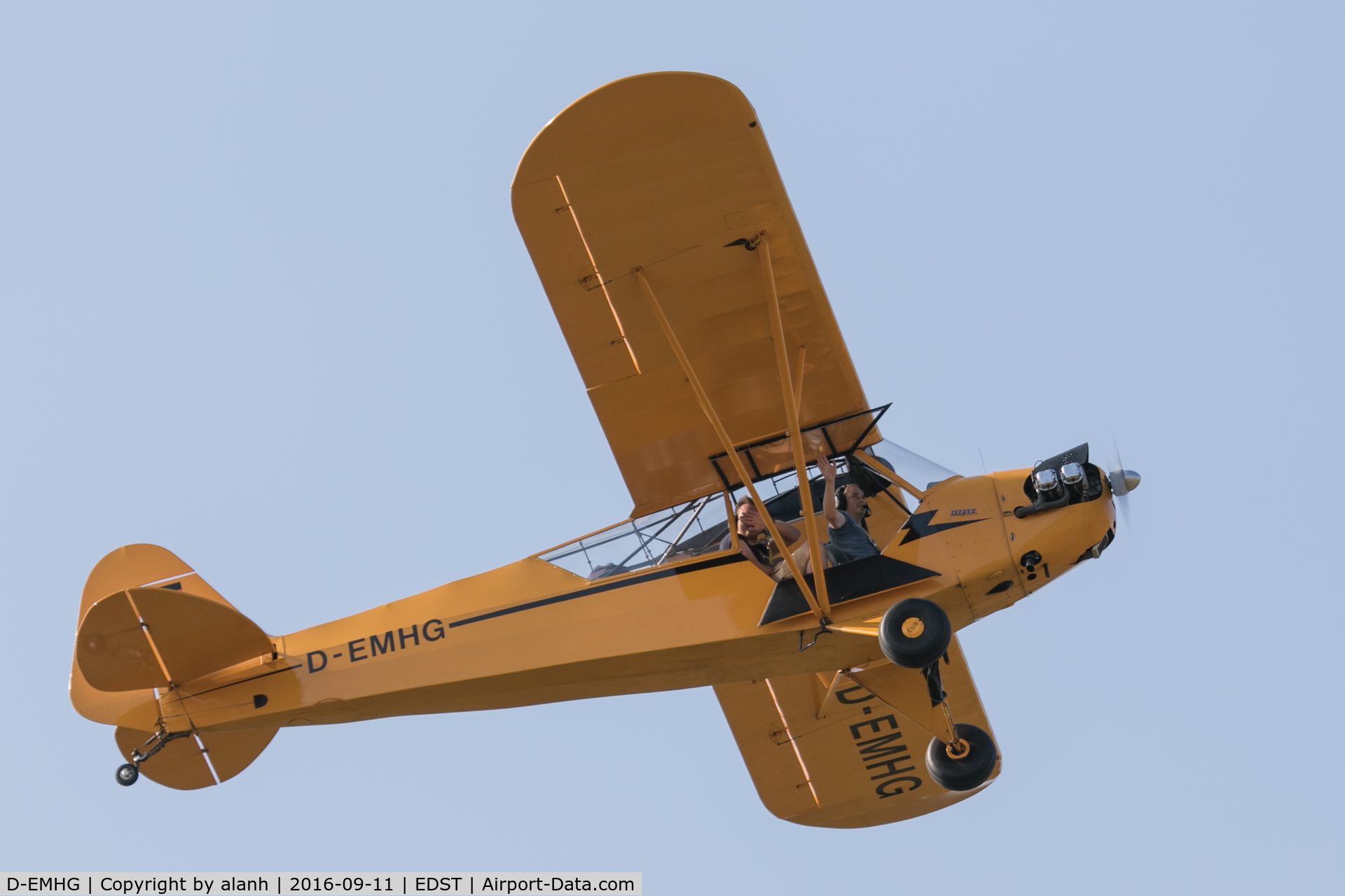 D-EMHG, 1944 Piper L-4H Grasshopper (J3C-65D) C/N 12308, Departing the 2016 Hahnweide Oldtimer Fliegertreffen