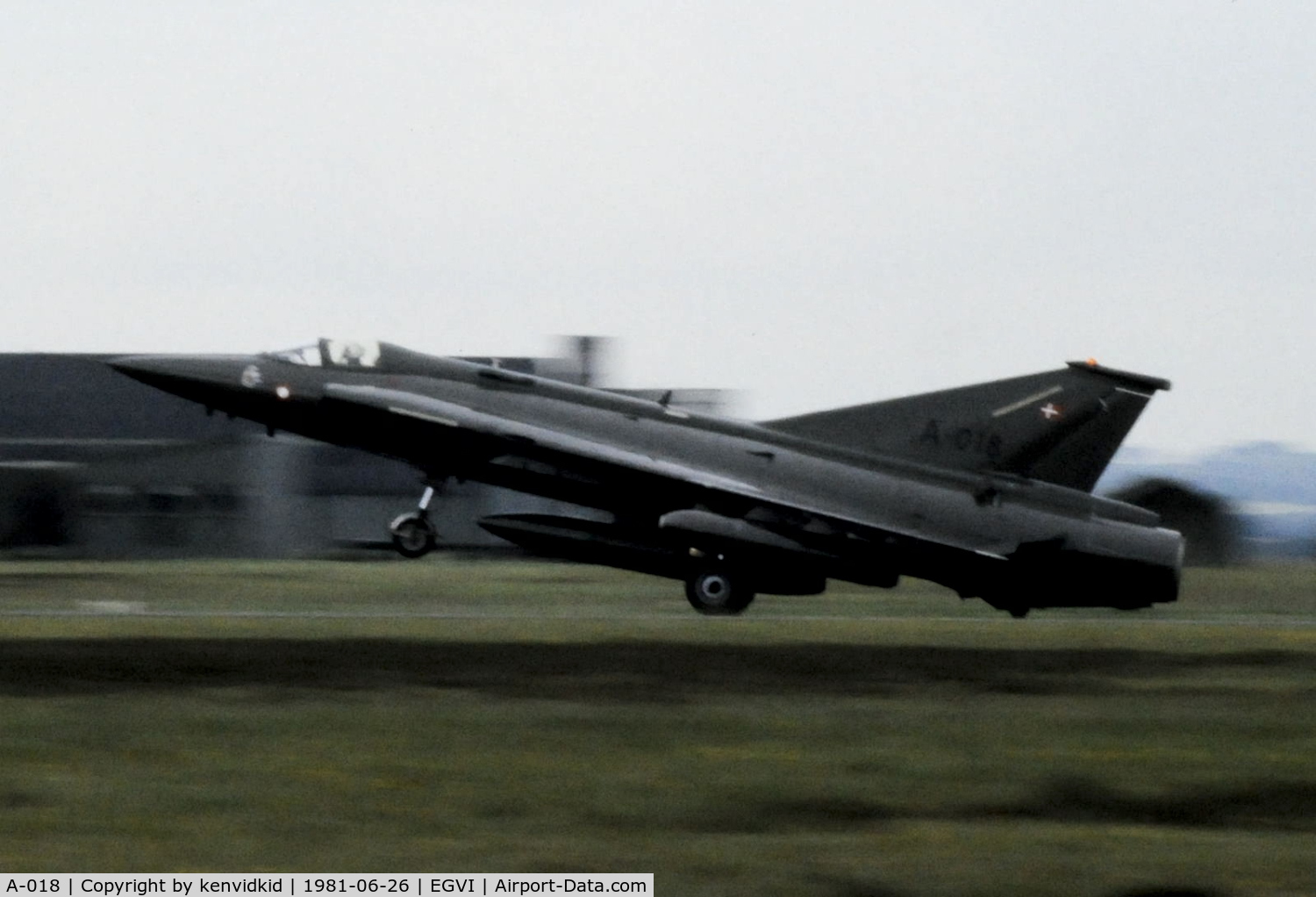 A-018, 1971 Saab F-35 Draken C/N 35-1018, At the 1981 International Air Tattoo, scanned from slide.