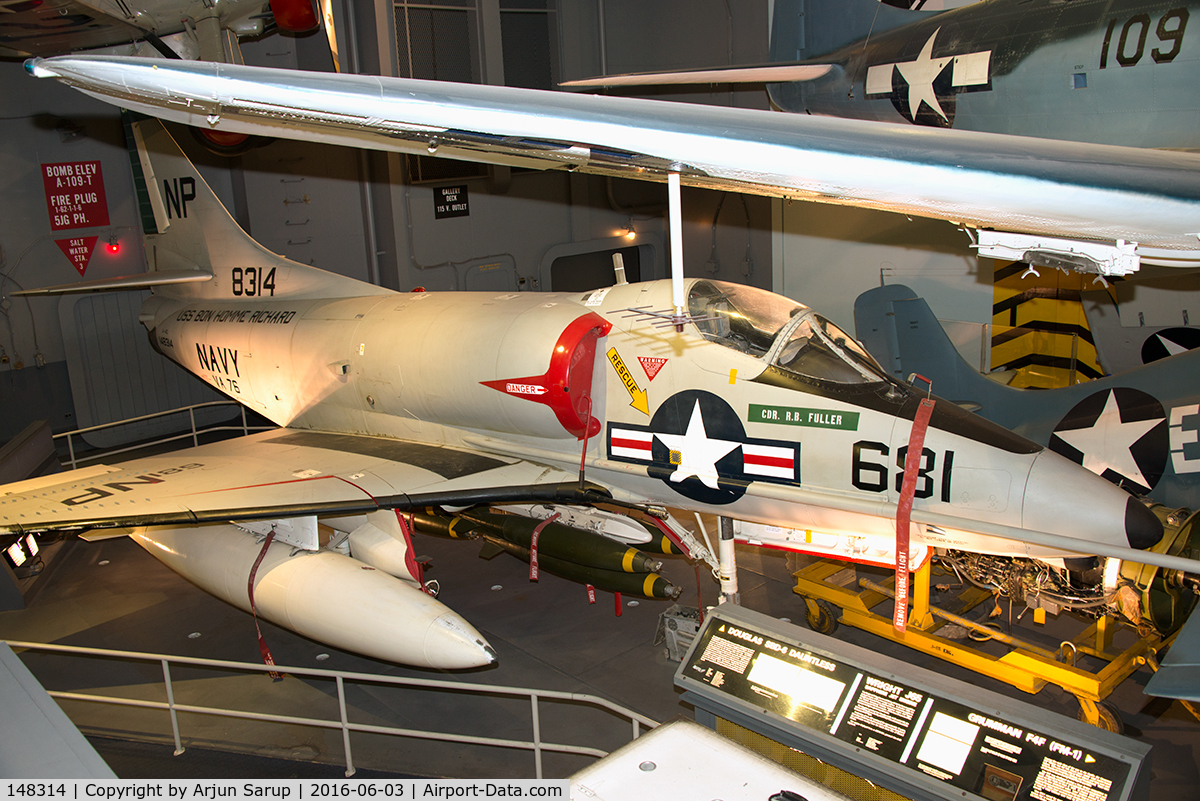 148314, Douglas A-4C Skyhawk C/N 12624, On display in the Sea-Air Operations exhibition at the National Air and Space Museum.  This Skyhawk is painted in the colors of VA-76 'Spirits' aboard USS Bon Homme Richard in 1967. Cdr. R.B. Fuller, CO of VA-76 was shot down on July 14, 1967 over Vietnam