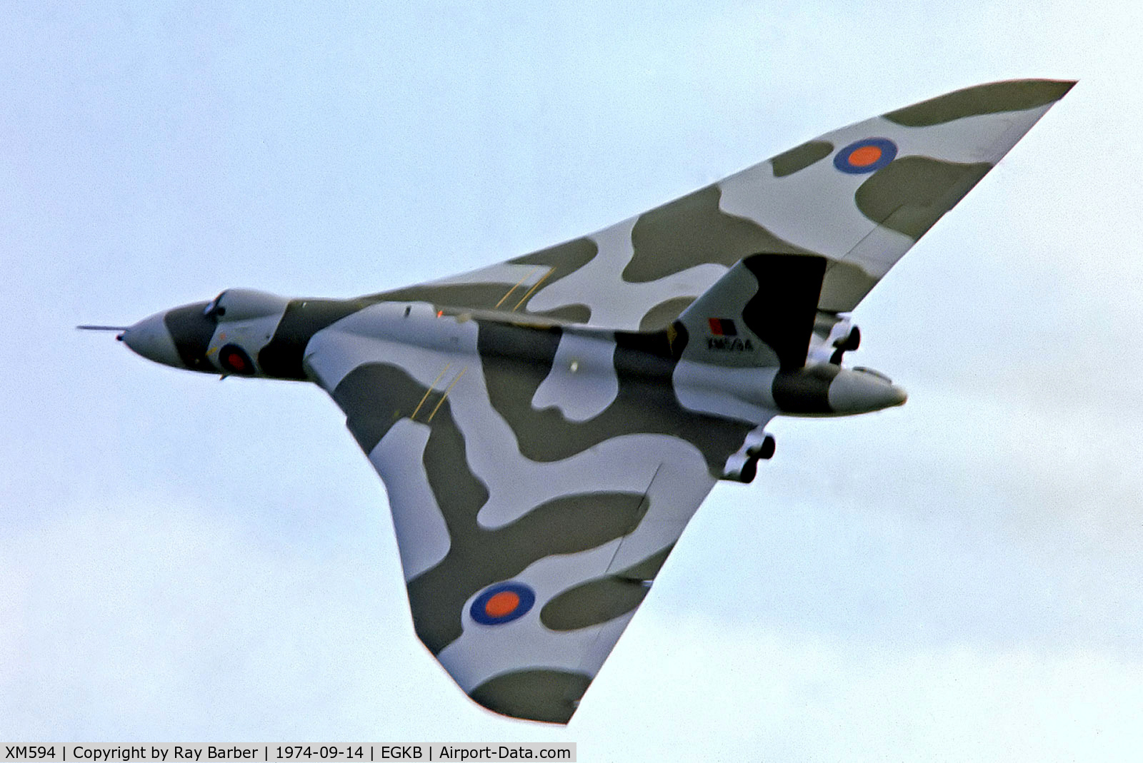 XM594, 1963 Avro Vulcan B.2 C/N Set 58, Avro Vulcan B.2 [SET58] (Royal Air Force) Biggin Hill~G 14/09/1974. From a slide.