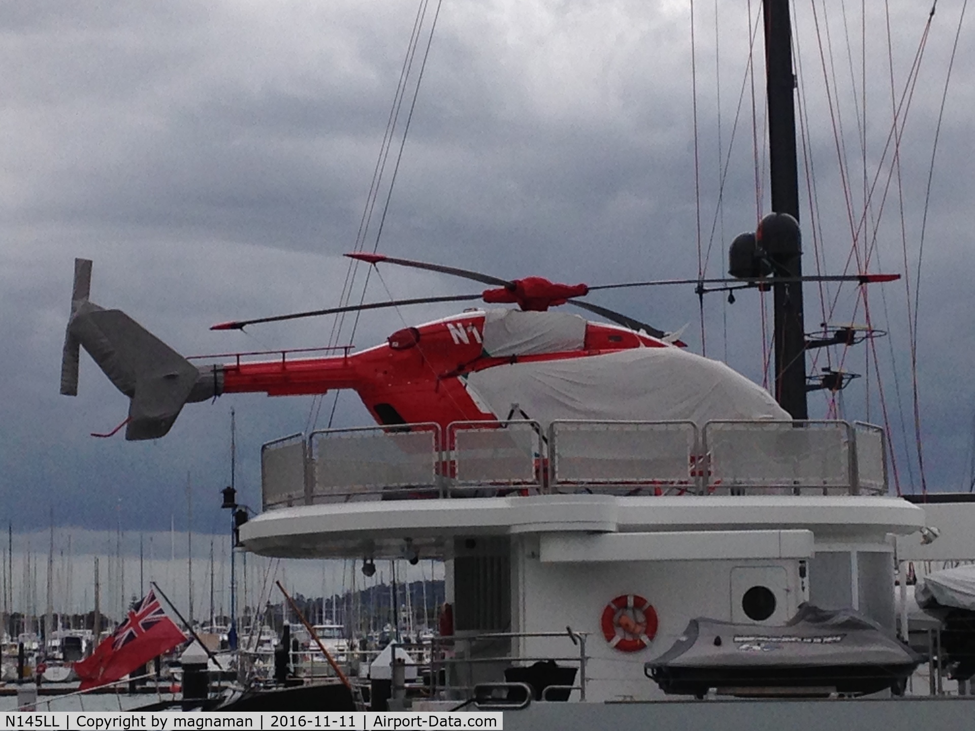 N145LL, Eurocopter-Kawasaki EC-145 (BK-117C-2) C/N 9574, part covered on super yacht - Auckland harbour