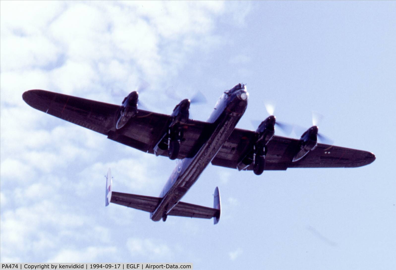 PA474, 1945 Avro 683 Lancaster B1 C/N VACH0052/D2973, At the 1994 Farnborough International Air Show. Scanned from slide.