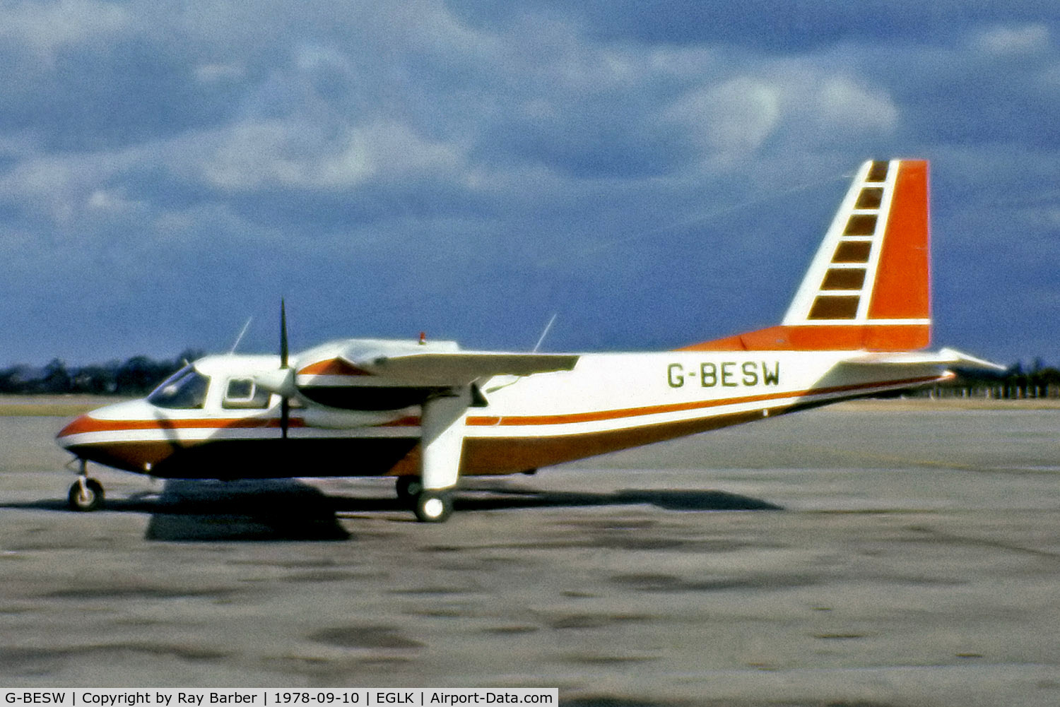 G-BESW, 1977 Britten-Norman BN-2A-26 Islander C/N 10, Britten-Norman BN-2A-26 Islander [2010] (Fairoaks Aviation Services) Blackbushe~G 10/09/1978. From a slide.