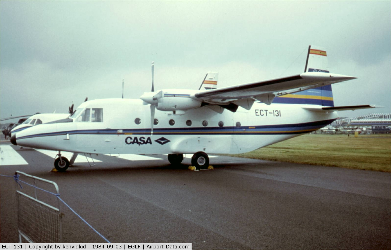 ECT-131, 1983 CASA C-212-200 Aviocar C/N 291, At the 1984 Farnborough International Air Show. Scanned from slide.