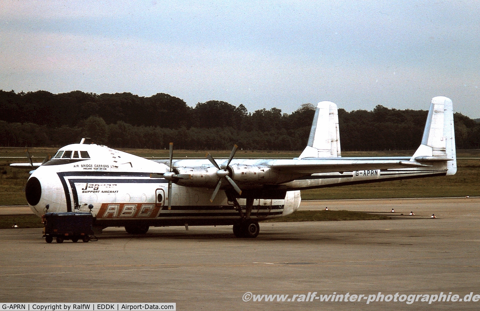 G-APRN, 1959 Armstrong Whitworth AW650 Argosy 101 C/N 6654, Armstrong Whitworth AW 650-101 Argosy - Air Bridge Carriers - G-APRN - 1977 - CGN, from a slide