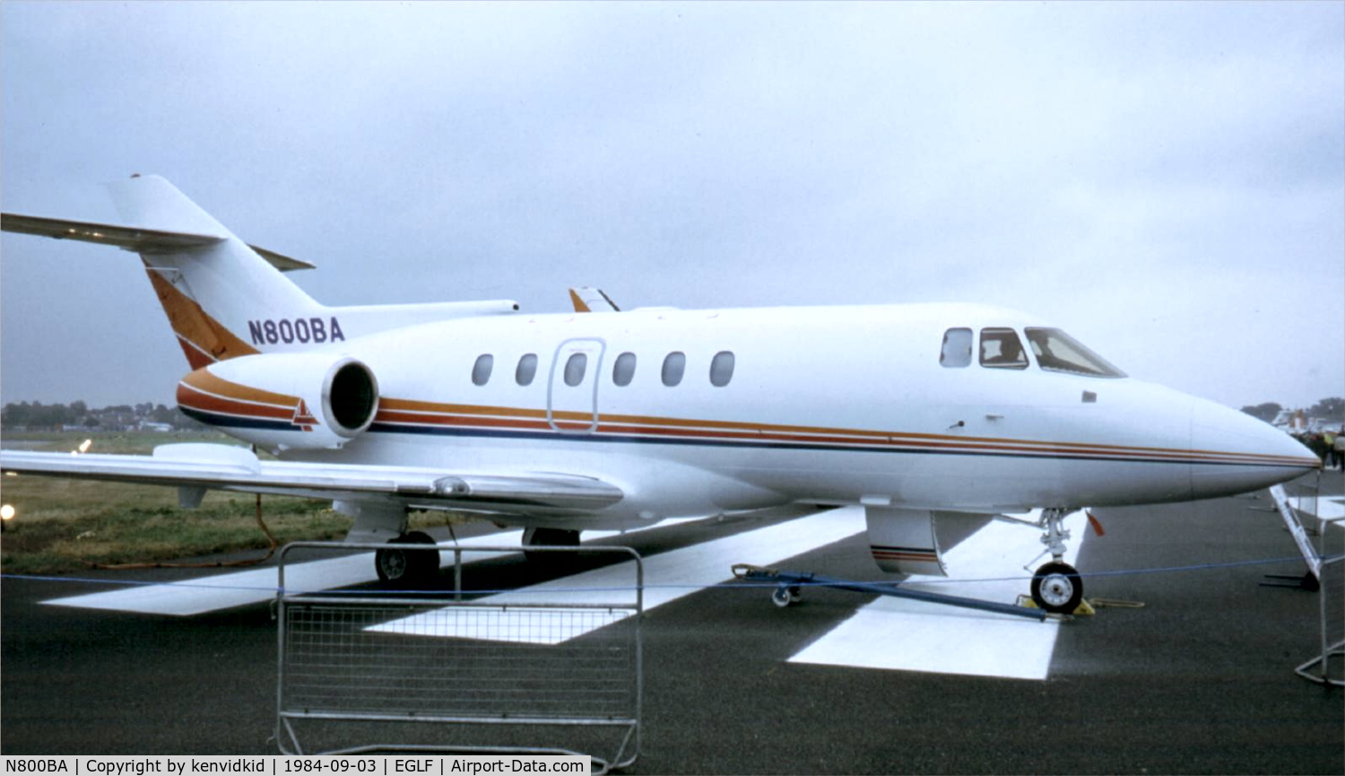 N800BA, 1992 British Aerospace BAe.125 Series 800A C/N 258225, At the 1984 Farnborough International Air Show. Scanned from slide.