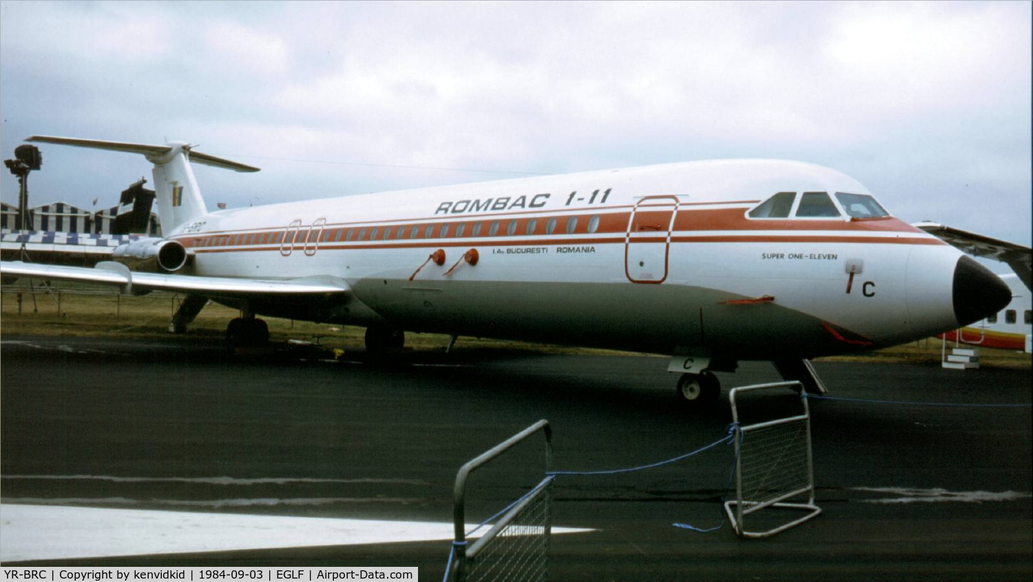 YR-BRC, 1982 Bucuresti Rombac 1-11-561RC One-Eleven C/N 403, At the 1984 Farnborough International Air Show. Scanned from slide.