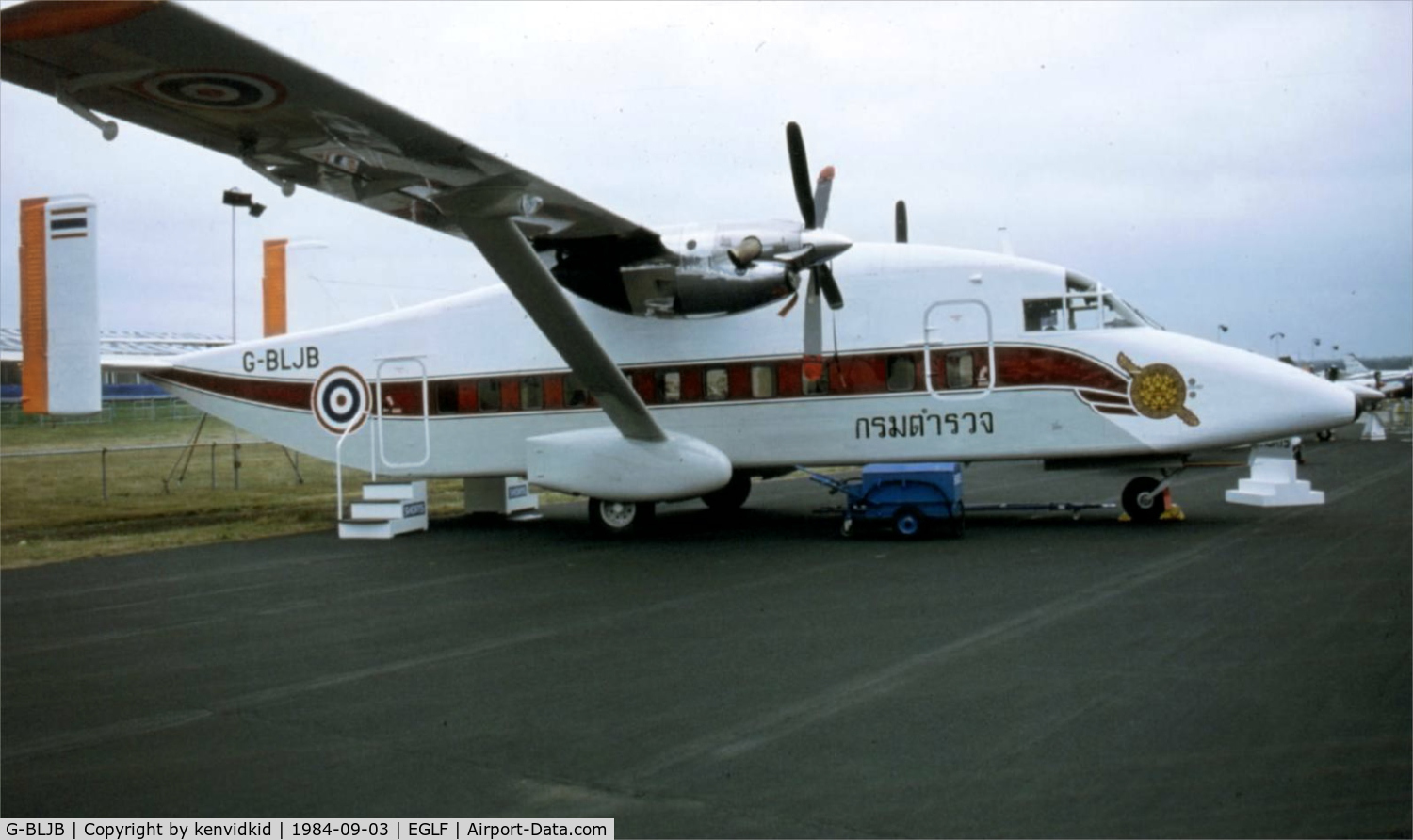 G-BLJB, 1984 Short 330-100 C/N SH.3099, At the 1984 Farnborough International Air Show. Scanned from slide.