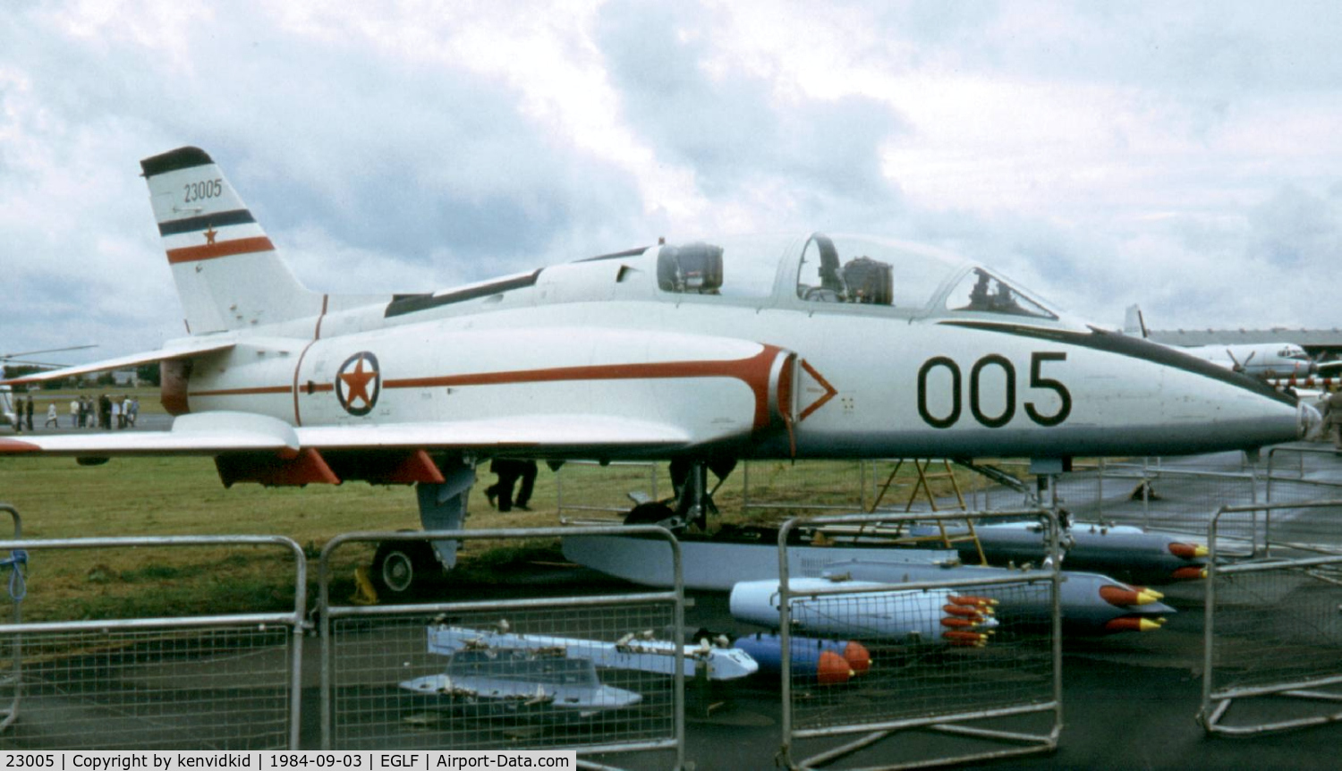 23005, Soko G-4 Super Galeb C/N 005, At the 1984 Farnborough International Air Show. Scanned from slide.