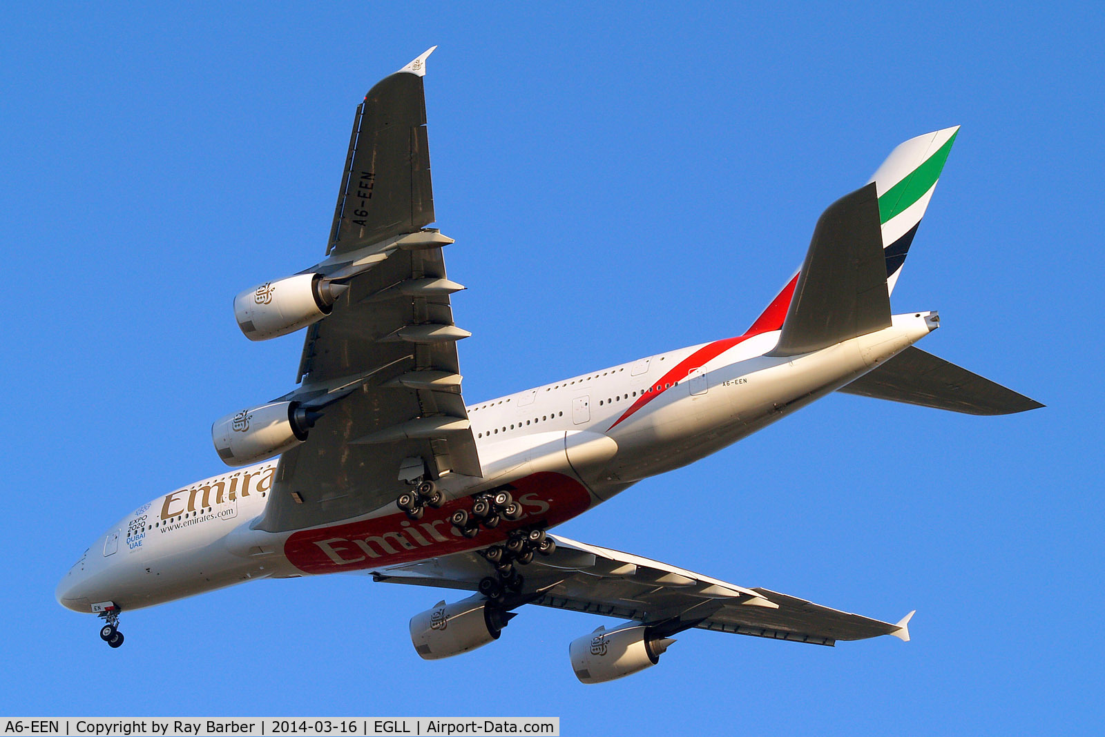 A6-EEN, 2013 Airbus A380-861 C/N 135, Airbus A380-861 [135] (Emirates Airlines) Home~G 16/03/2014. On approach 27R.