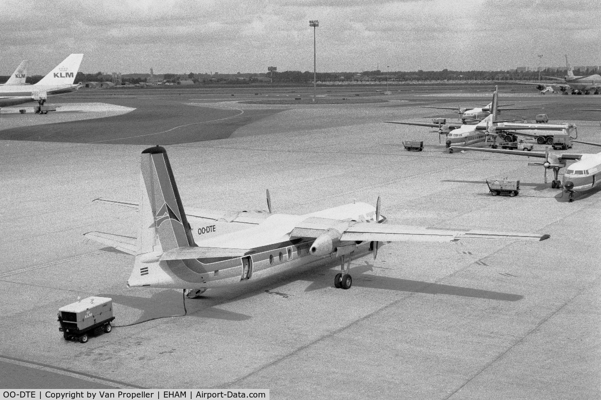 OO-DTE, 1967 Fairchild Hiller FH-227B C/N 534, Fairchild Hiller FH-227B Friendship of Delta Air Transport of Belgium on the platform at Schiphol airport, the Netherlands, 1980