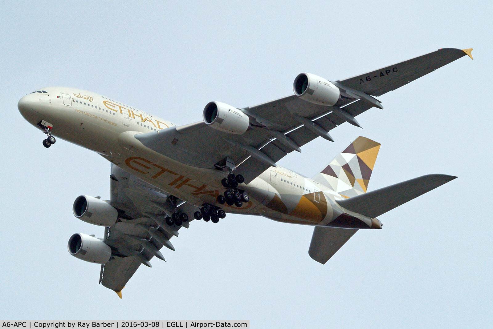 A6-APC, 2014 Airbus A380-861 C/N 176, Airbus A380-861 [176] (Etihad Airways) Home~G 08/03/2016. On approach 27R.