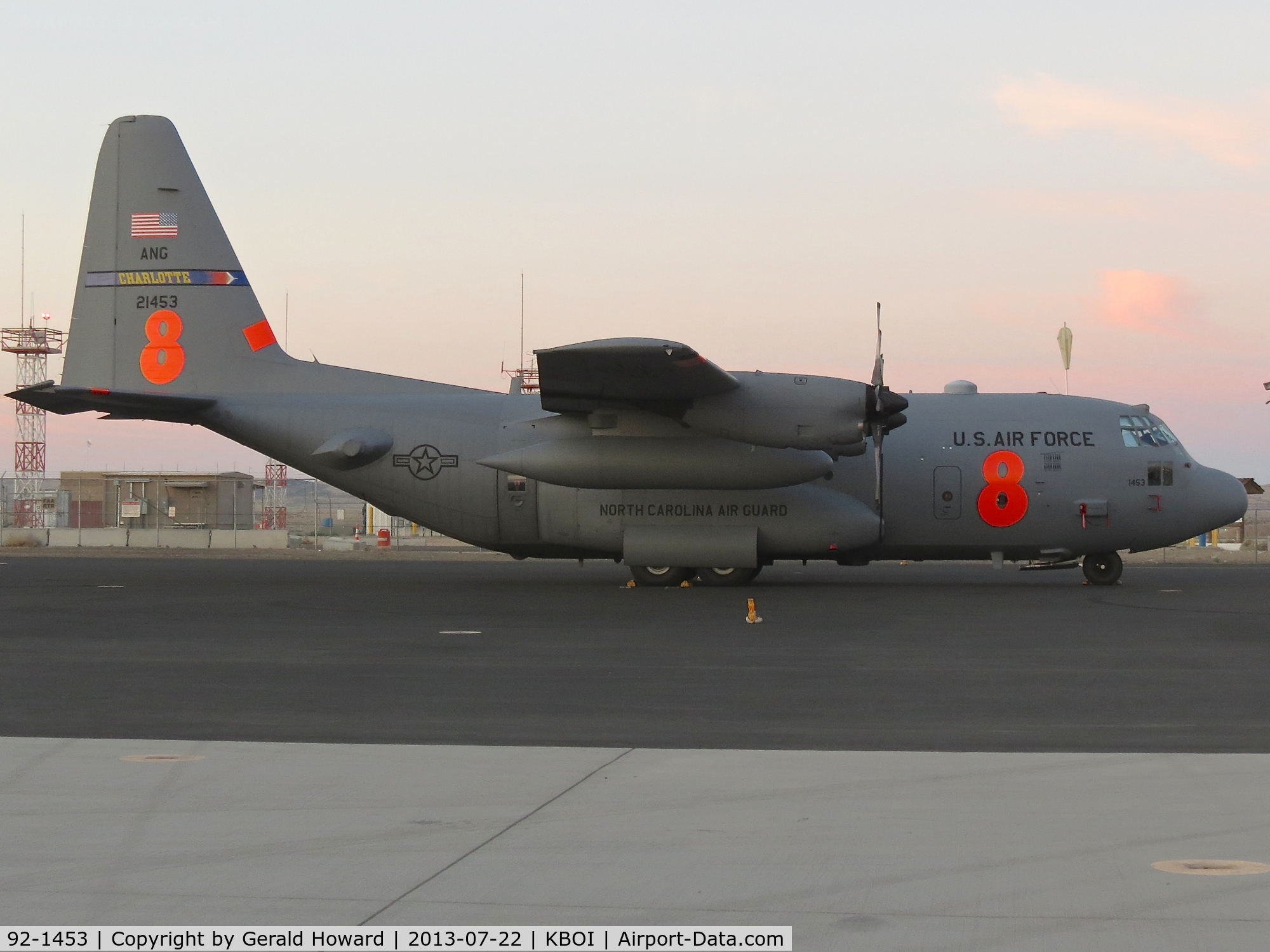 92-1453, 1992 Lockheed C-130H Hercules C/N 382-5330, Parked on the NIFC ramp. MAFFS #8. 145th Airlift Wing, NC ANG. Early morning.