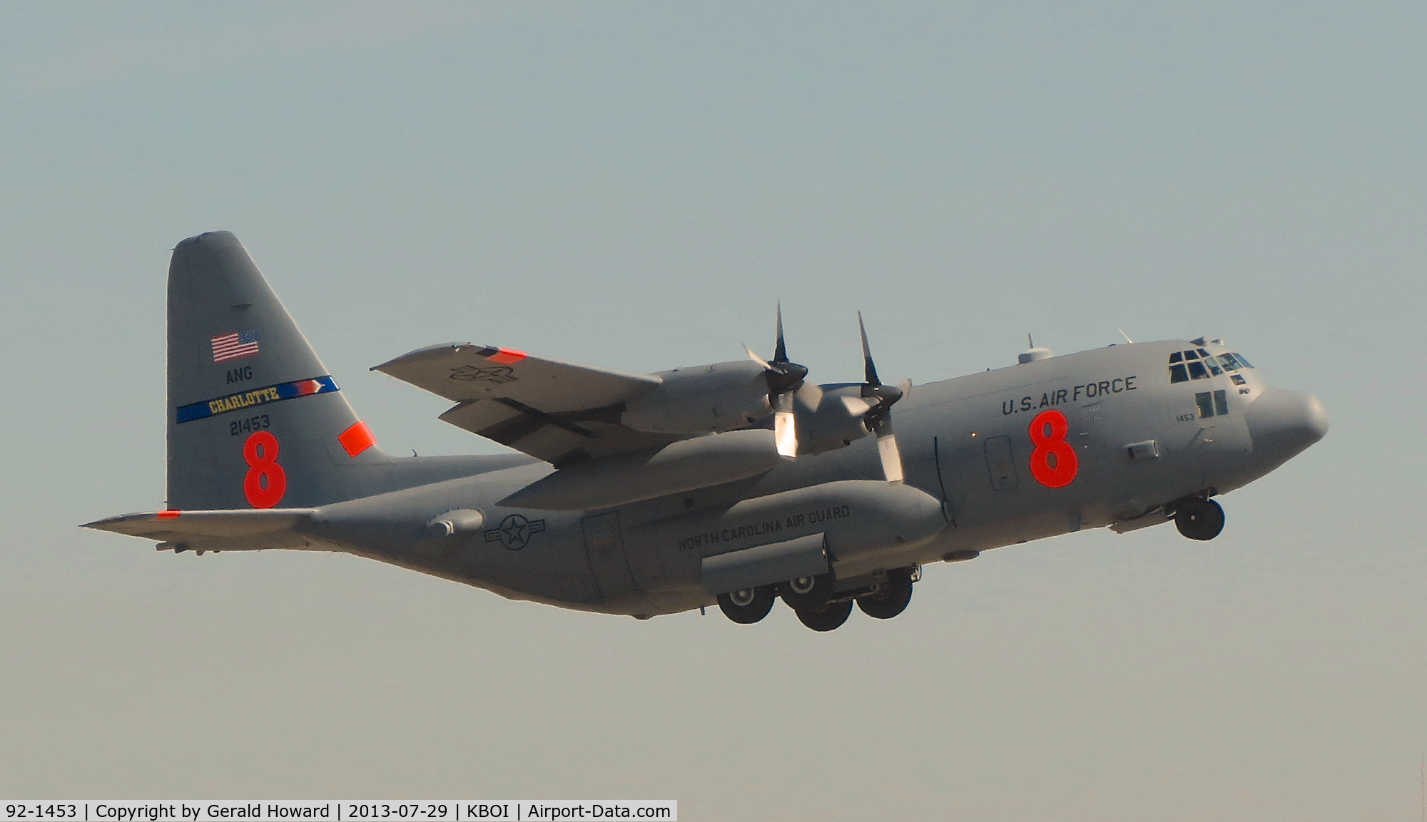 92-1453, 1992 Lockheed C-130H Hercules C/N 382-5330, Departing RWY 10L. NC ANG. Tanker 8 is MAFFS equipped.