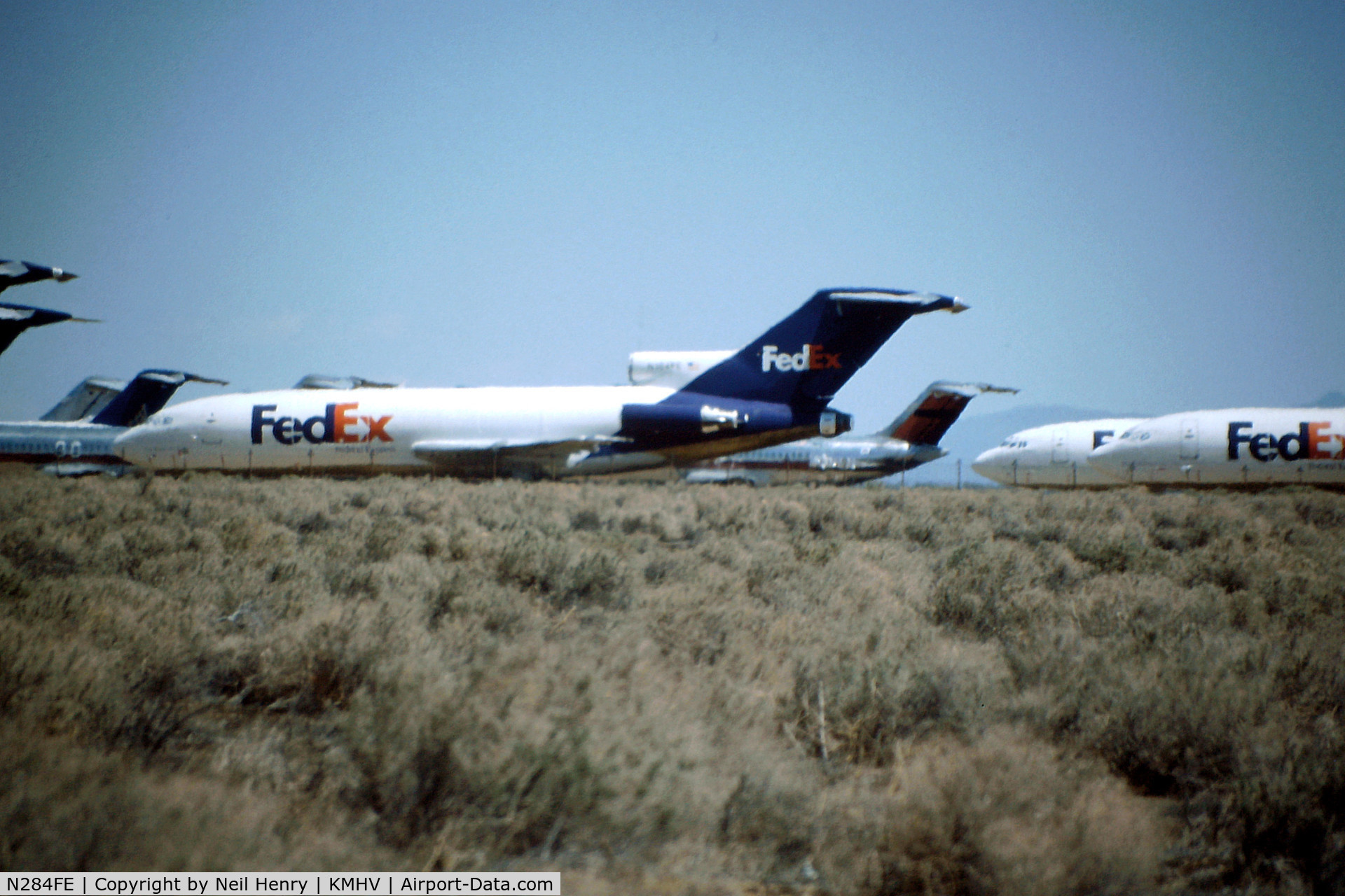 N284FE, 1982 Boeing 727-233F C/N 22621, In the parking lot, with many other FedEx planes at Mojave, CA - scanned from original slide taken Sept 1996