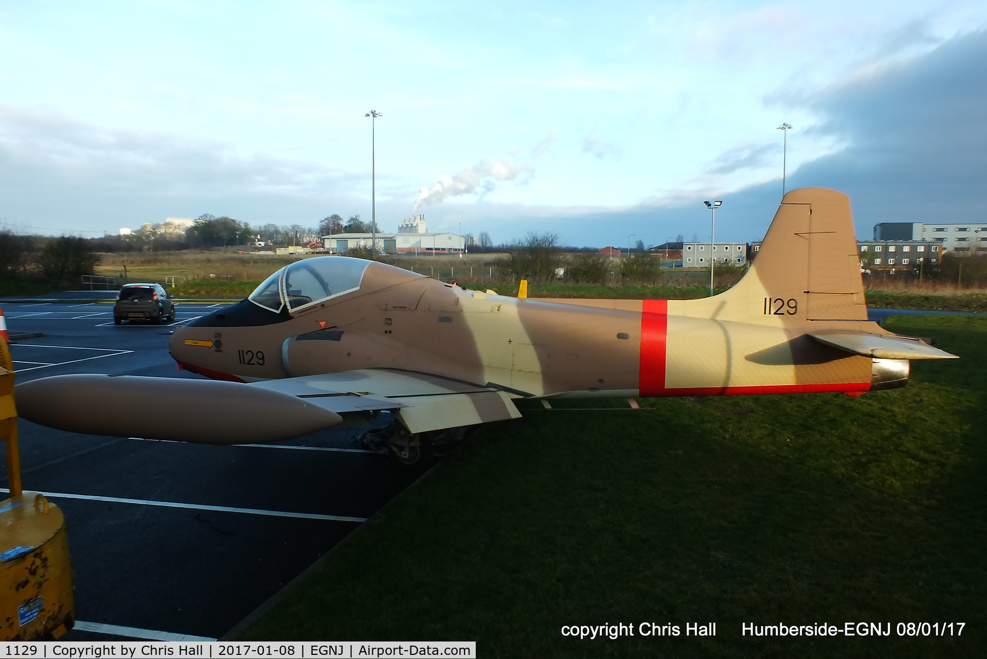1129, BAC 167 Strikemaster Mk.80A C/N PS.360, preserved outside BAe Systems Academy building at Humberside Airport