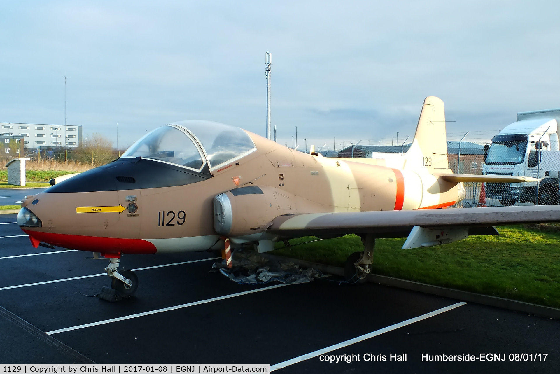 1129, BAC 167 Strikemaster Mk.80A C/N PS.360, preserved outside BAe Systems Academy building at Humberside Airport