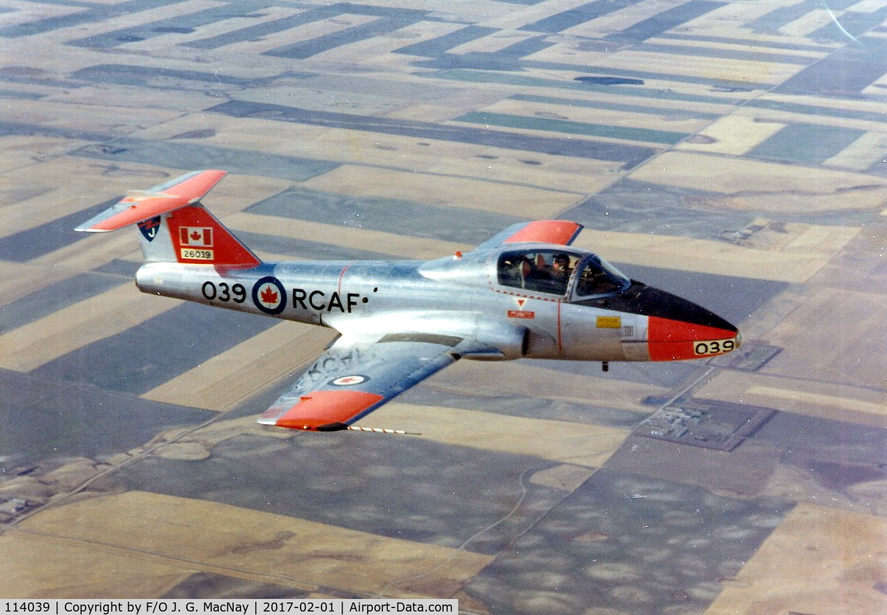 114039, Canadair CT-114 Tutor C/N 1039, first date: 8 January 1971 - Renumbered from RCAF 26039
 
Operated by 2 Canadian Forces Flying Training School, CFB Moose Jaw, Saskatchewan in 1982.  Classified as Instructional Airframe A888 on 25 July 1988.  Used as training aid at Canadian Forces Sch