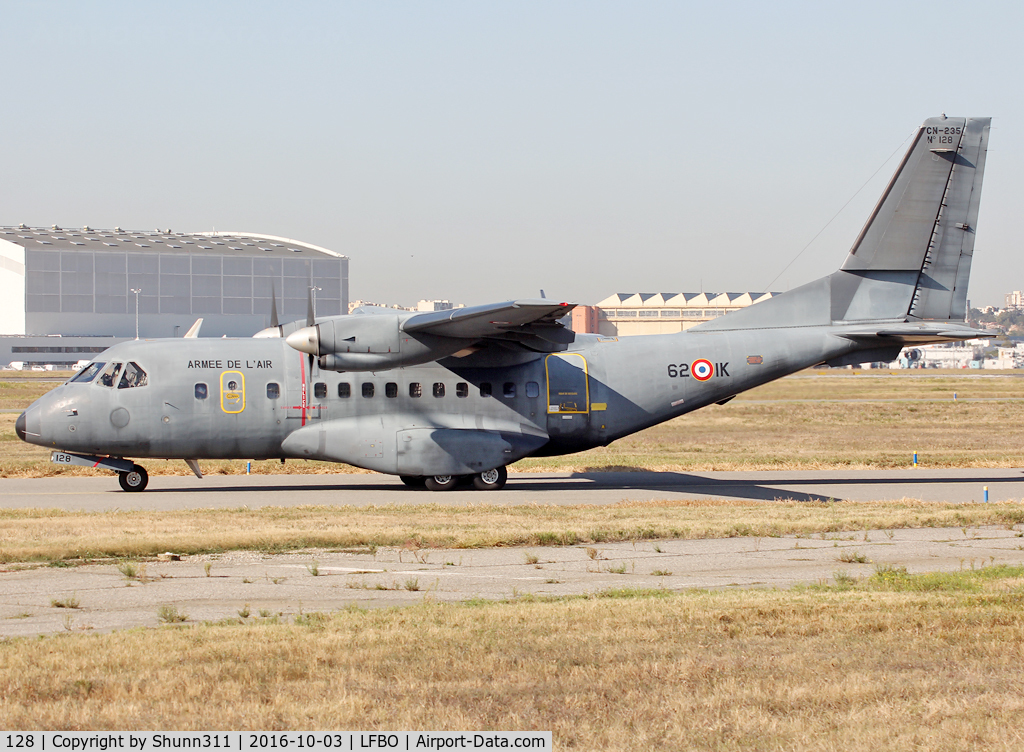 128, Airtech CN-235-200M C/N C128, Taxiing holding point rwy 32R for departure... Logistic aircraft for the French Air Force Patrol Team this day...