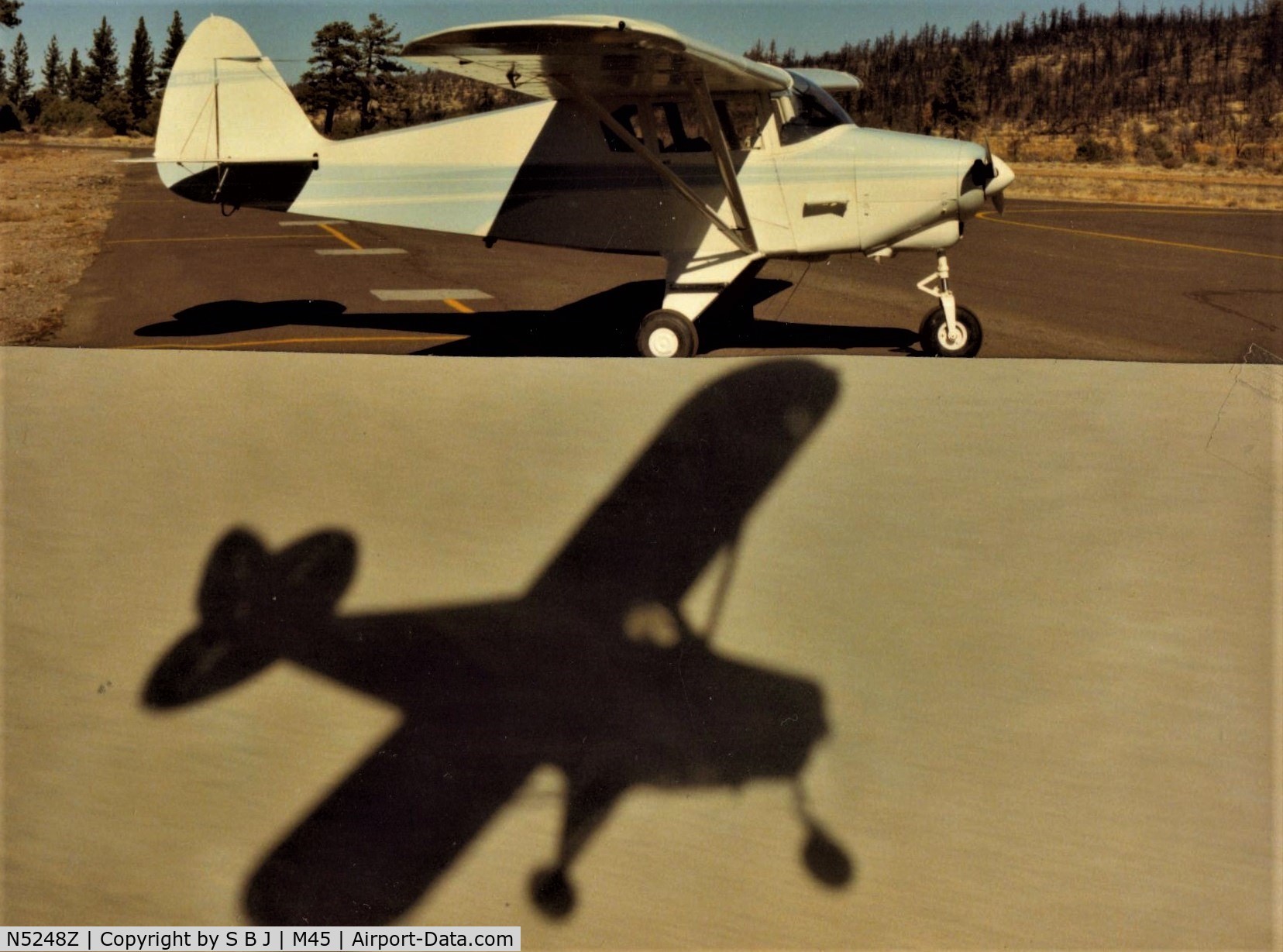 N5248Z, 1961 Piper PA-22-108 Colt C/N 22-8931, 48Z at Alpine County airport and a picture of its ever present shadow taken later the same day over a dry lake in the Mojave desert in Calif. Talk about a magic carpet!