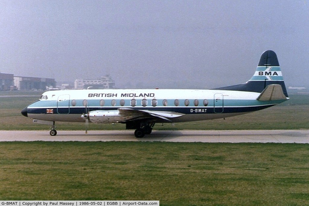 G-BMAT, 1958 Vickers Viscount 813 C/N 349, Damaged in landing accident at Leeds/Bradford 06-10-1980 and rebuilt using wings of G-BAPD, consequently being re-registered as G-BMAT 30-03-1981.