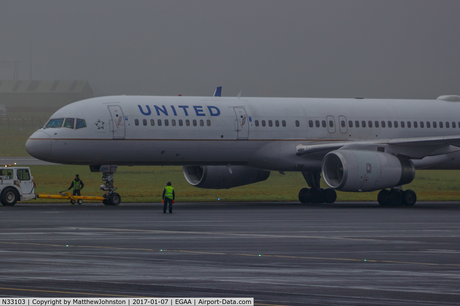 N33103, 1994 Boeing 757-224 C/N 27293, One of United's last flights operating out of EGAA BFS. Preparing for taxi for a full length departure RWY 25.