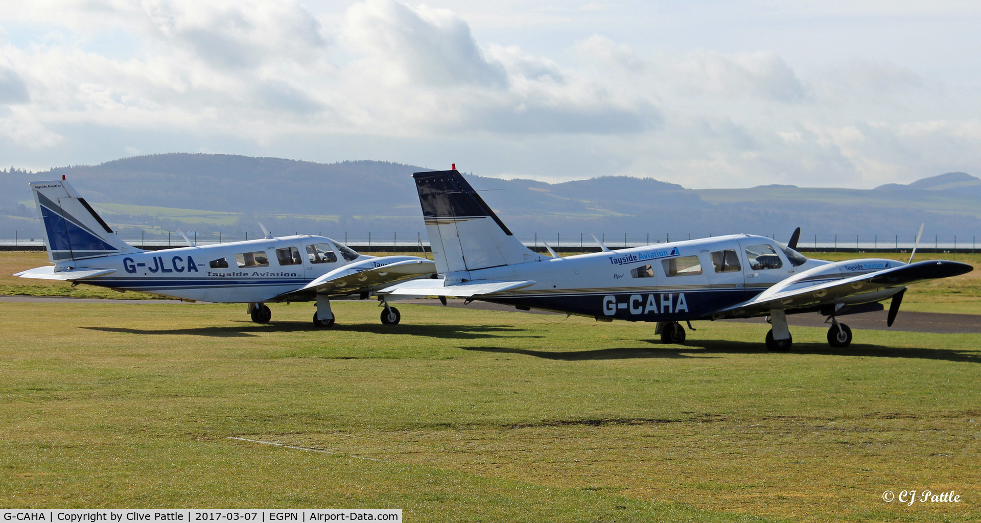 G-CAHA, 1977 Piper PA-34-200T Seneca II C/N 34-7770010, Tayside Aviation's new acquisition at its home base at Dundee - pictured alongside stable-mate G-JLCA