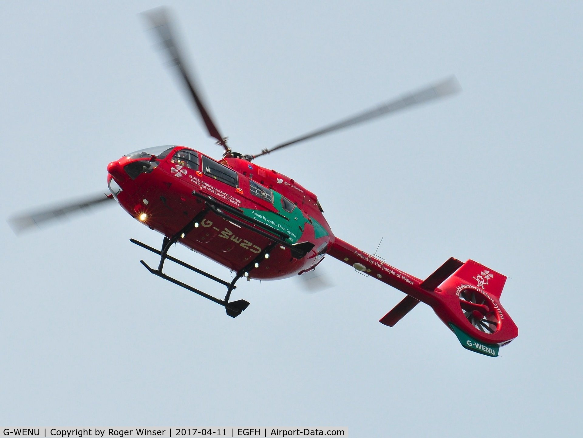G-WENU, 2016 Airbus Helicopters H-145 (BK-117D-2) C/N 20112, Wales Air Ambulance's newest helicopter (Helimed 57) based at Dafen, Llanelli since late March/early April 2017 seen making a practice aproach to Runway 22 at Swansea Airport.