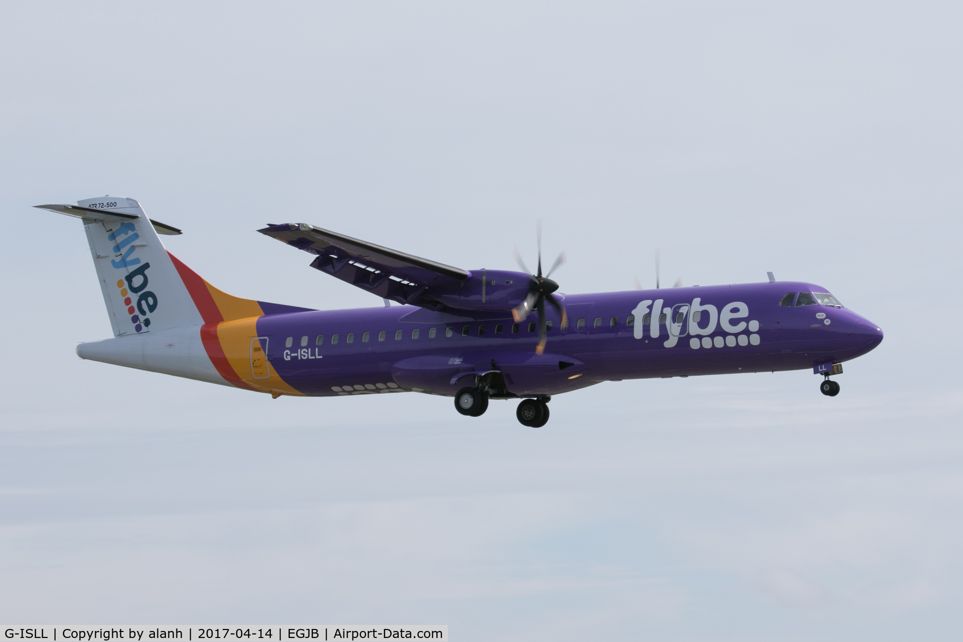 G-ISLL, 2002 ATR 72-212A C/N 696, Blue Islands owned but in the colours of their franchise partner Flybe, landing at Guernsey