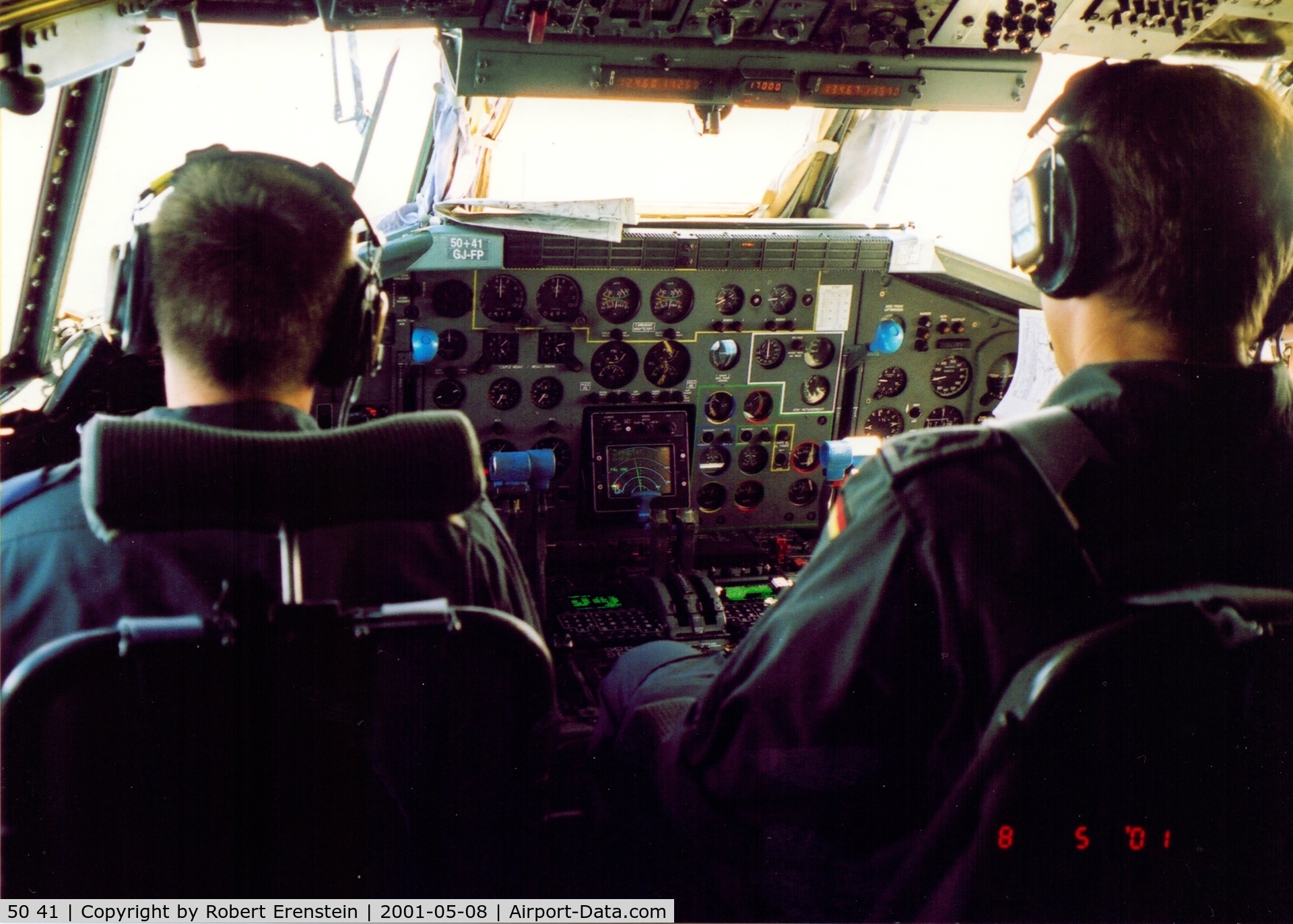 50 41, Transall C-160D C/N D63, Cockpit picture, taken on 8 May 2001, between Split in Croatia and Sarajevo in Bosnia and Herzegovina.