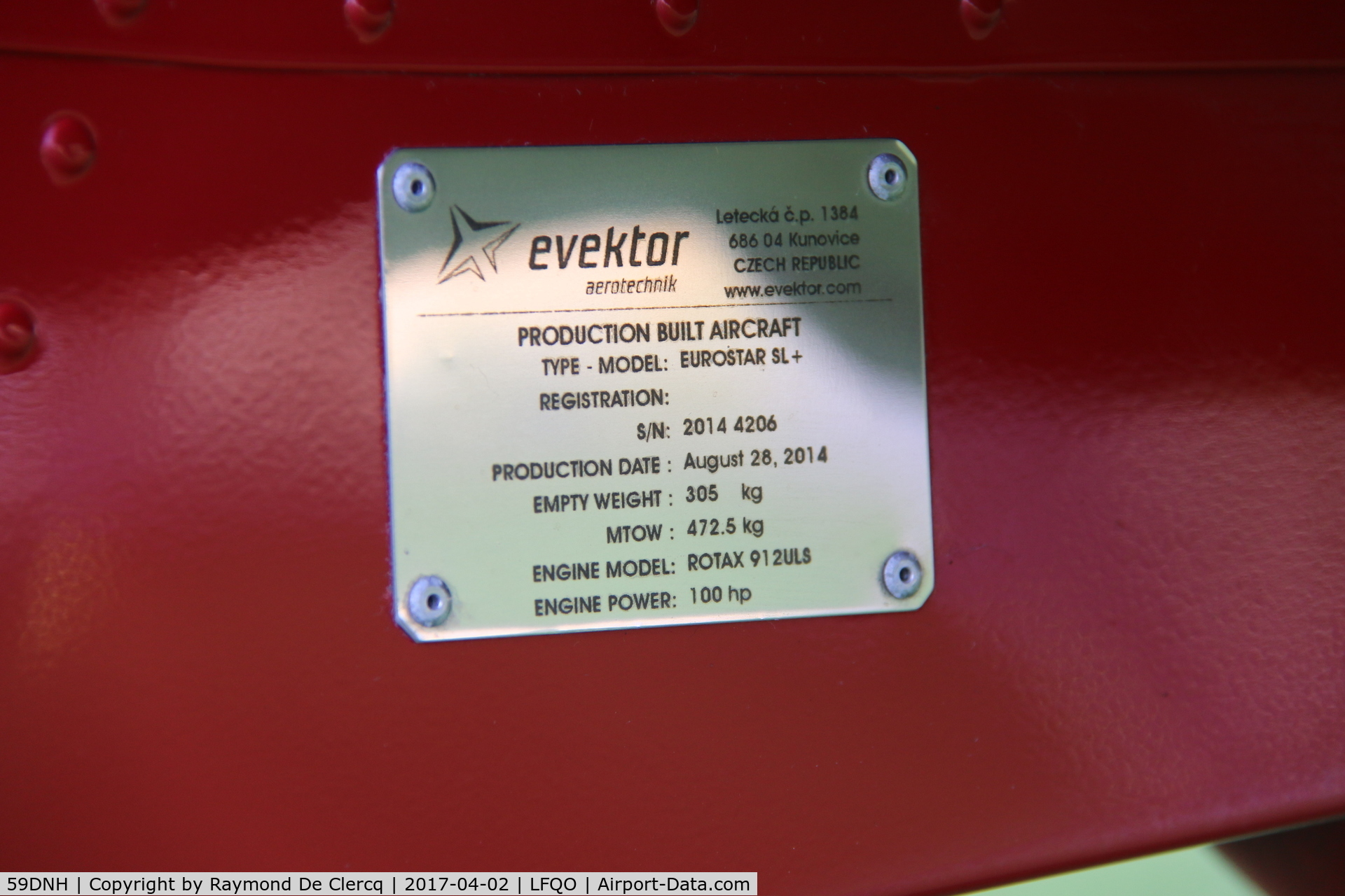 59DNH, 2014 Evektor EV-97 Eurostar SL+ C/N 2014-4206, ID plate.