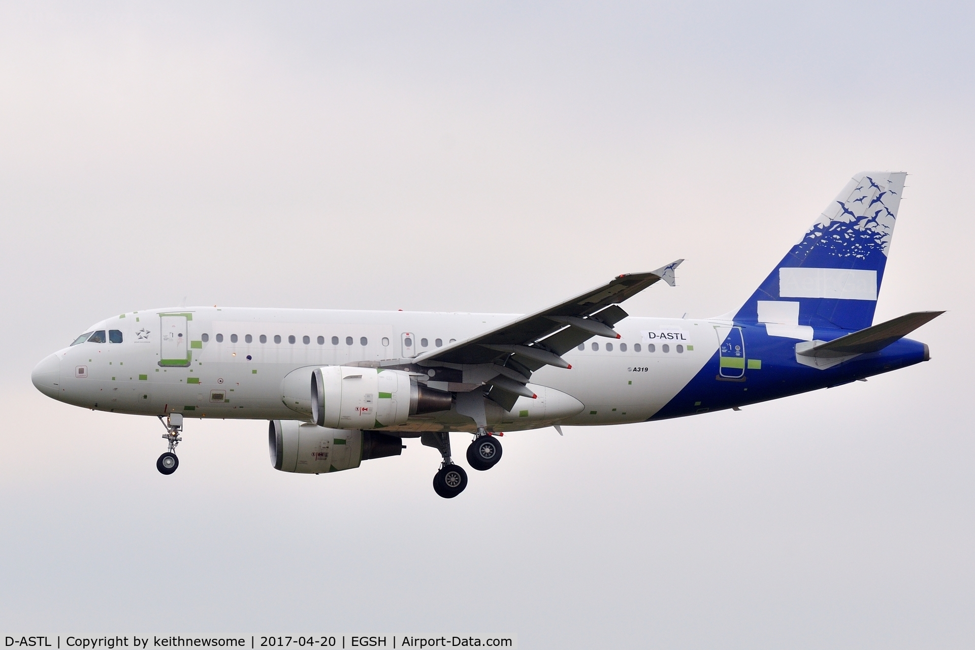 D-ASTL, 2003 Airbus A319-112 C/N 1925, Formerly HC-CKO (VP-GYC) showing partial AeroGal colour scheme for paint to Germania.