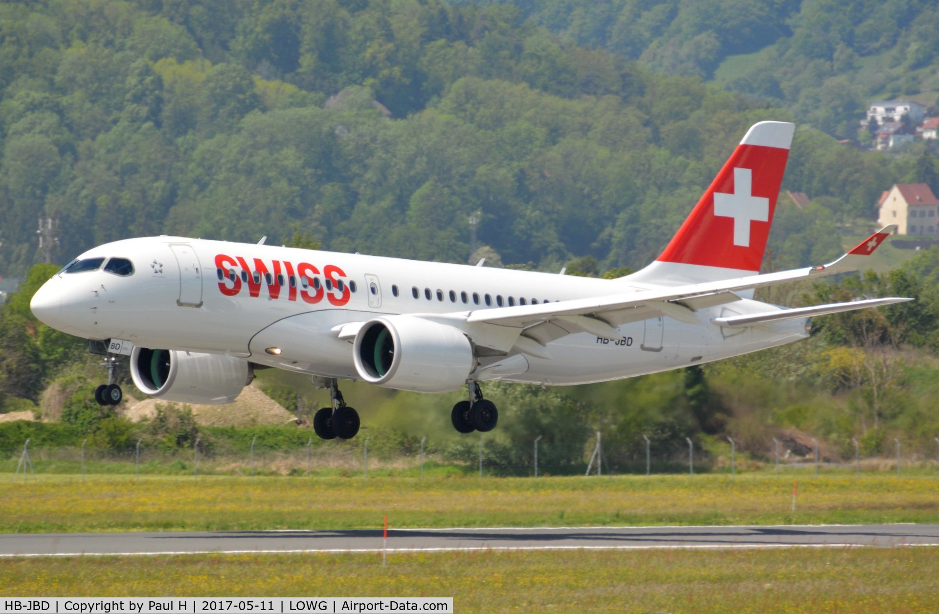 HB-JBD, 2016 Bombardier CSeries CS100 (BD-500-1A10) C/N 50013, CS100 from SWISS, performing a touch-and-go at LOWG, pilot flight training