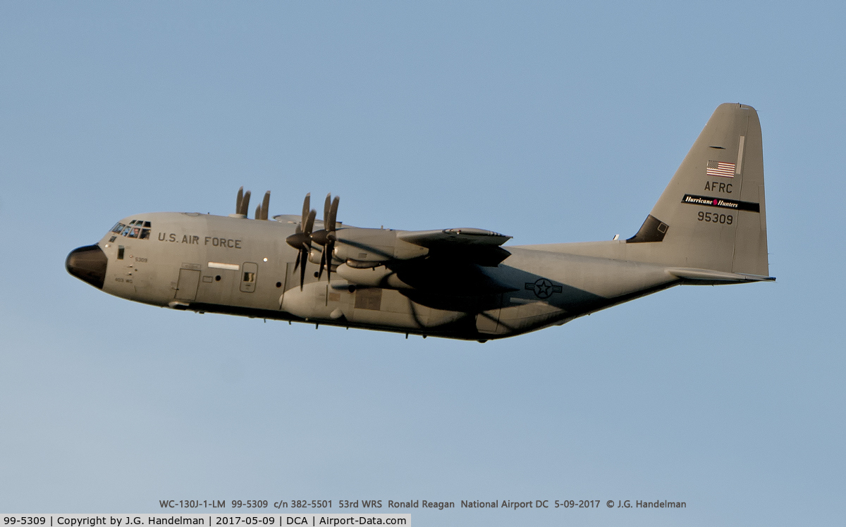 99-5309, 1999 Lockheed WC-130J Hercules C/N 382-5501, Leaving DCA.