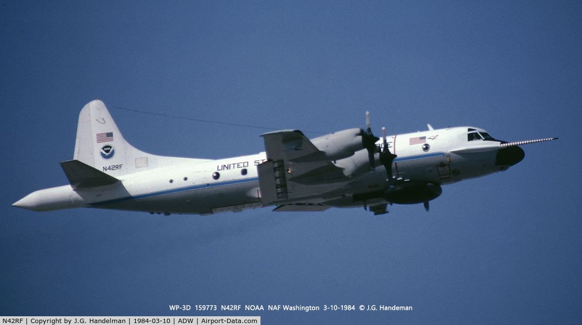 N42RF, Lockheed WP-3D Orion C/N 5622, Departing NAF Washington 3-10-1084.